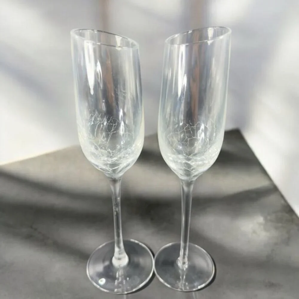 Pier 1 Clear Glass Crackle Angled Rim Goblet Drinking Glasses‎ Cups Flutes Set2